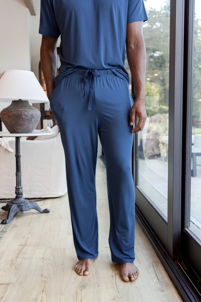 Model wearing Men's Lounge Pants in Oxford under similar color T-shirt
