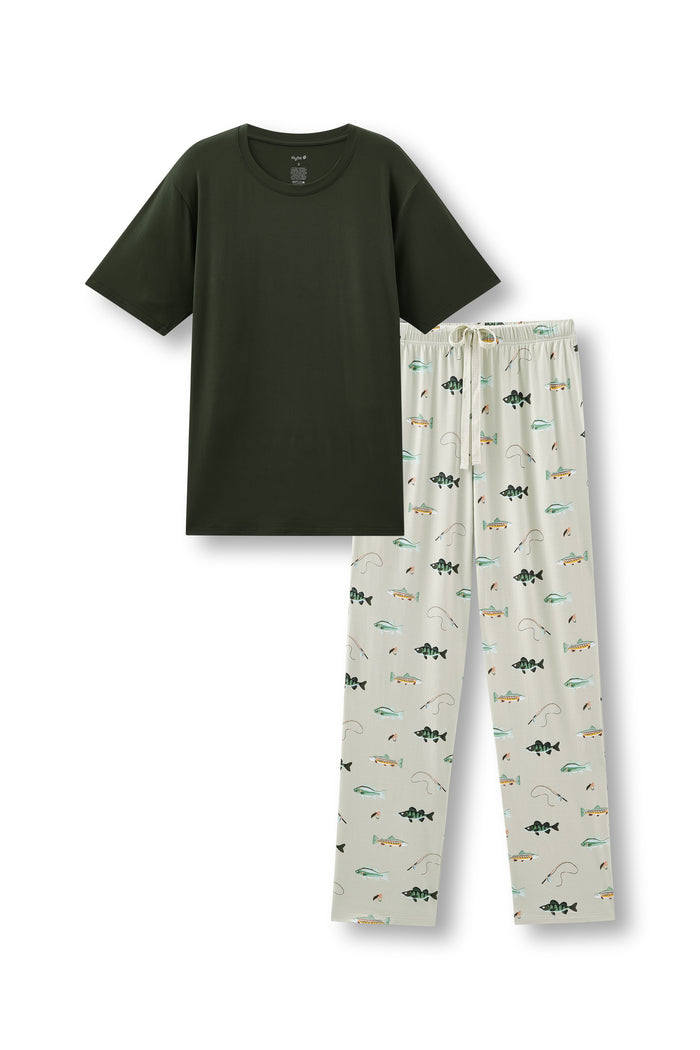 Men's pajama set featuring a dark green crew neck tee and fishing printed pajama lounge pants against a white background