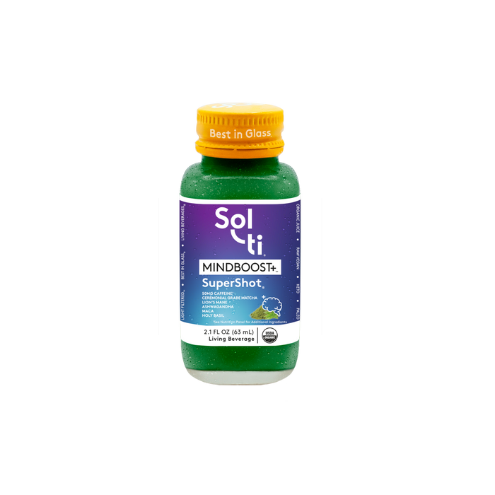 Sol-ti MINDBOOST+ SuperShot Glass Bottle with gradiant purple, blue front label, in light background