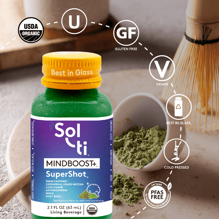 MINDBOOST+ SuperShot; USDA Organic, kosher, gluten-free, vegan, glass bottle, cold-pressed, PFAS FREE