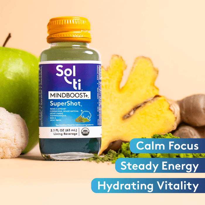 MINDBOOST+ SuperShot bottle front, benefits: calm focus, steady energy, hydrating vitaliy