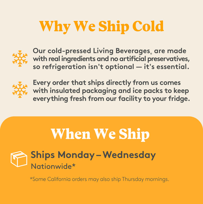 Infographic We Ship Cold Beverages with insulated packaging and ice packs, Ships Monday - Wednesday