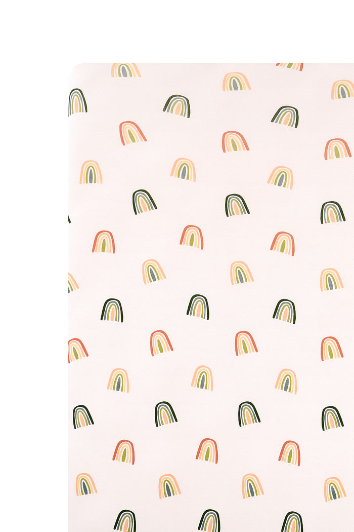 Vanilla cream Mini Crib Sheet in Retro Rainbow print on a white background
