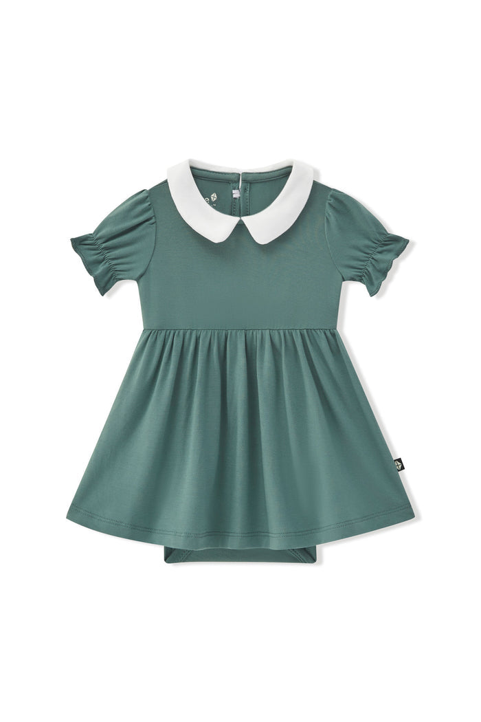 Peter Pan Collar Bodysuit Dress in Pine on a white background