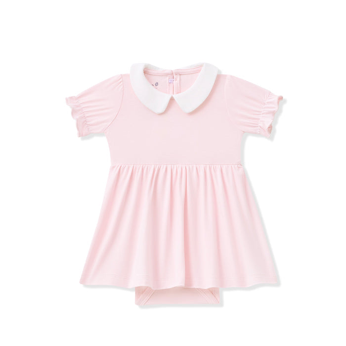 Pink bodysuit dress with white collar on a white background