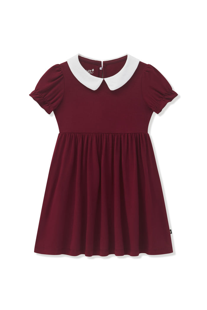 Peter Pan Collar Dress in Burgundy on a white background