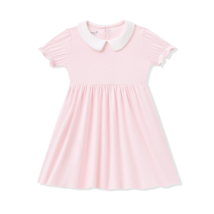 Pink dress with a white collar on a white background