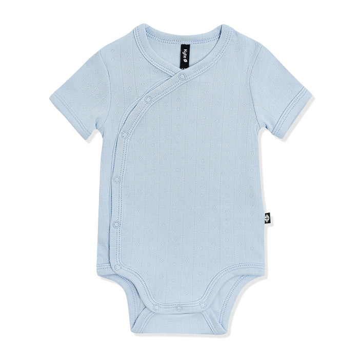 Pointelle Kimono Bodysuit in Breeze shown on a white surface