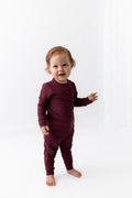 Toddler wearing Ribbed Infant Henley Set in Burgundy on a white background