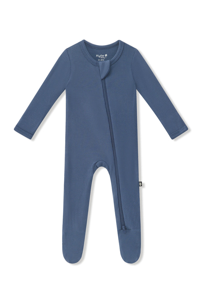 Ribbed Zipper Footie in Oxford on a white background