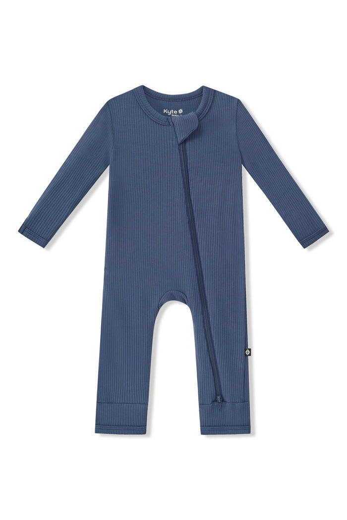 Ribbed Zipper Romper in Oxford on a white background
