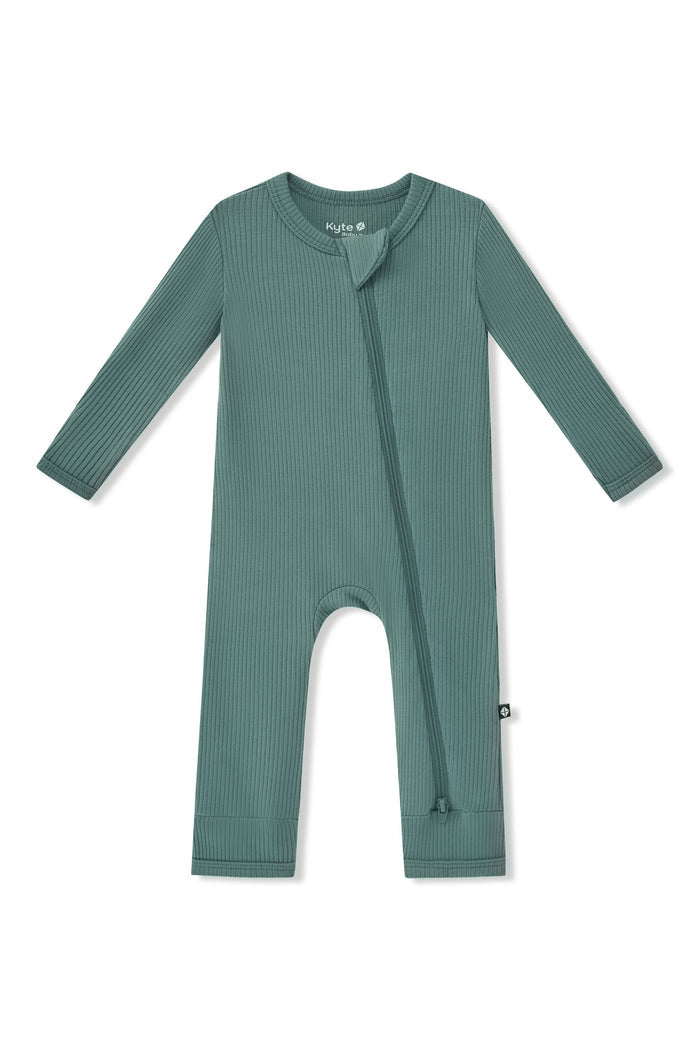 Ribbed Zipper Romper in Pine on a white background