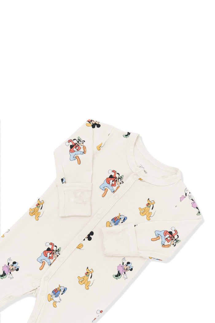 Top part of Romper in Mickey Mouse and Friends print on an oat background