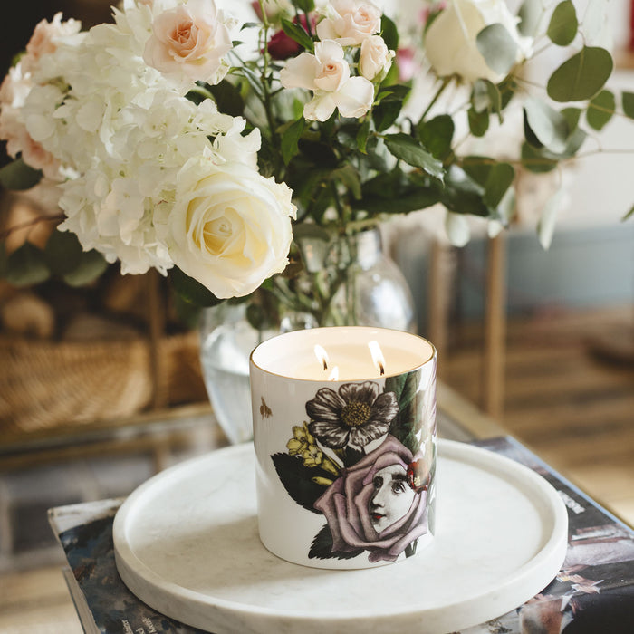 Rosa 3 Wick Scented ceramic candle by Chase and Wonder, fine china with 22ct gold