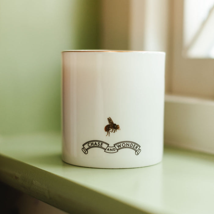 Rosa ceramic candle by Chase and Wonder, fine china with 22ct gold