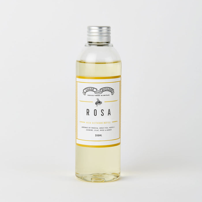 Rosa Luxury Reed Diffuser Refill by Chase and Wonder, 200ml bottle of alcohol-free fragrance oil