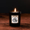 Rosa Luxury Scented Glass Candle by Chase and Wonder, elegant black glass vessel with gold lid