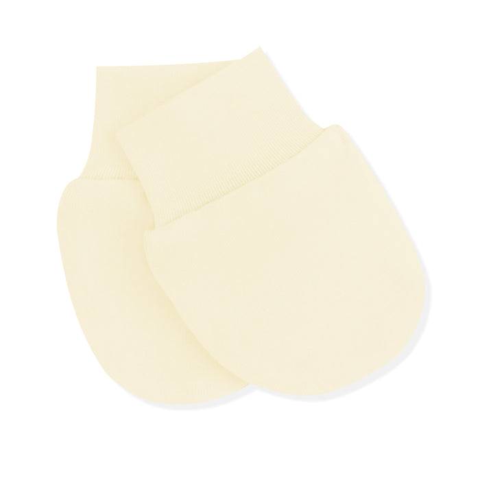 Product photo of the Scratch Mitten in Chamomile with one on top of the other