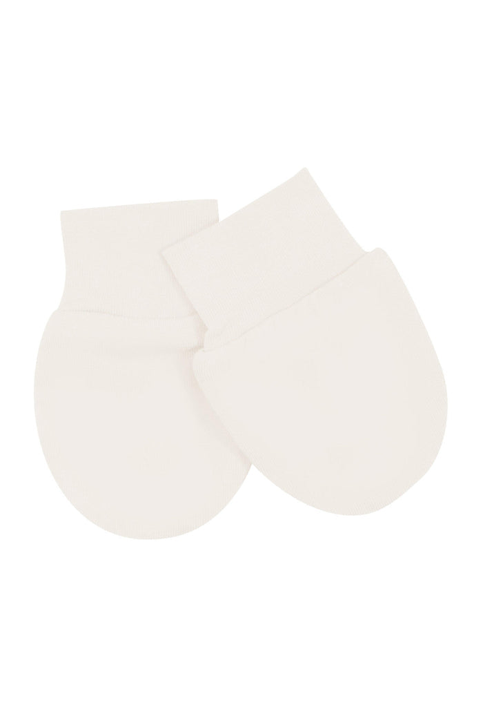 Flat lay of Kyte Baby Infant Scratch Mittens in Oat