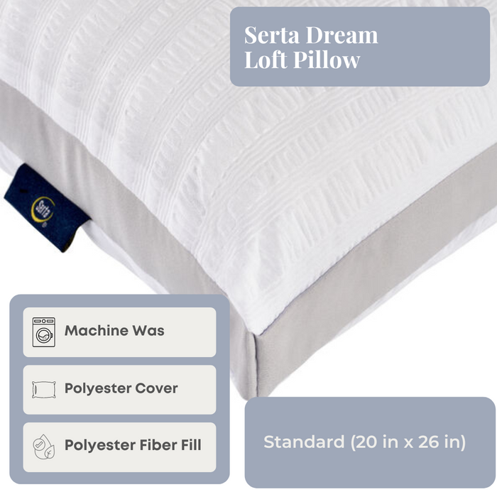 A Keeco Serta Dream Loft Pillow is displayed against a light background. The pillow showcases a white textured cover with a gray side border and is crafted from super soft seersucker fabric. Text reveals that it is hypoallergenic, machine washable, includes a polyester cover with fiber fill, and measures 20 by 26 inches. Accompanying icons highlight these features.