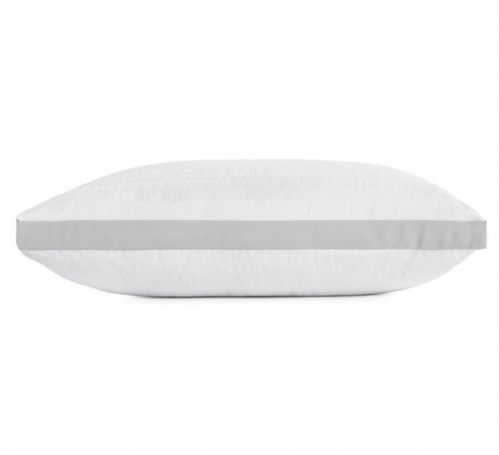 The Serta Dream Loft Pillow by Keeco is a white rectangular pillow boasting a simple, clean design. It features a horizontal gray band running across the middle, adding a touch of contrast. Made with hypoallergenic SupraLoft premium fiber for plush comfort, this pillow is machine washable and perfect for use on a bed or couch.