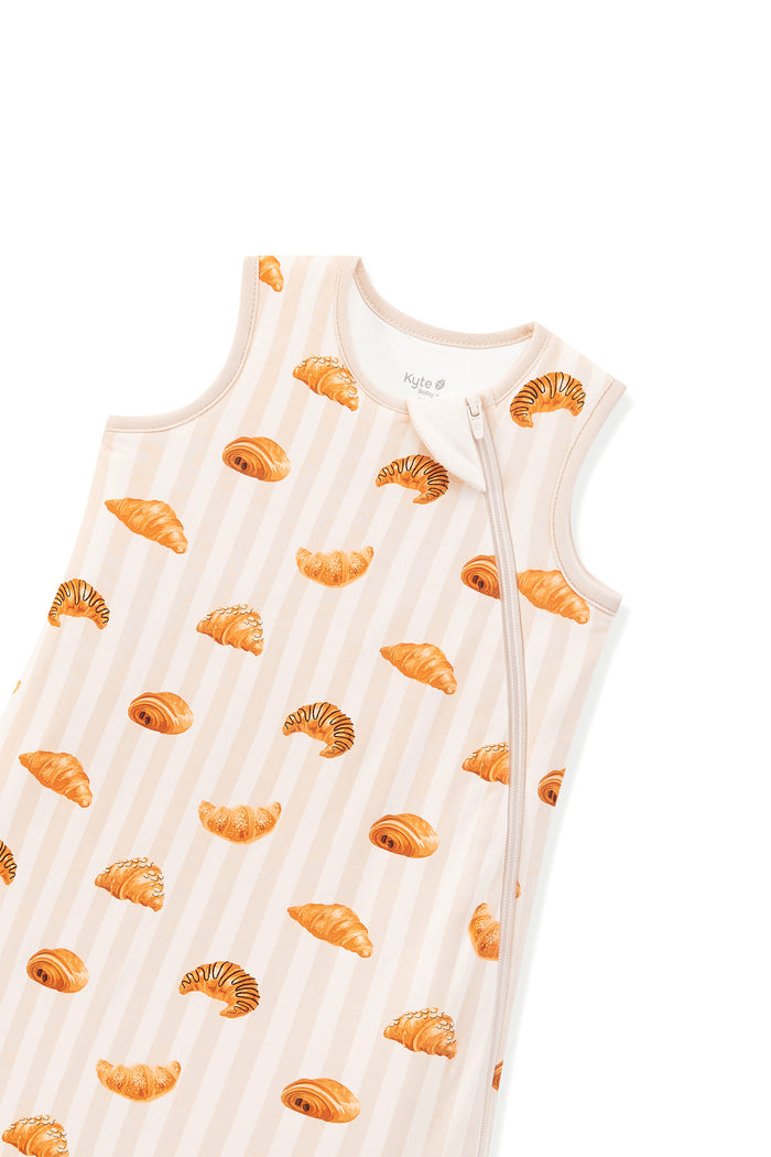 Sleep Bag in Croissant 1.0 print with zipper garage on a white background