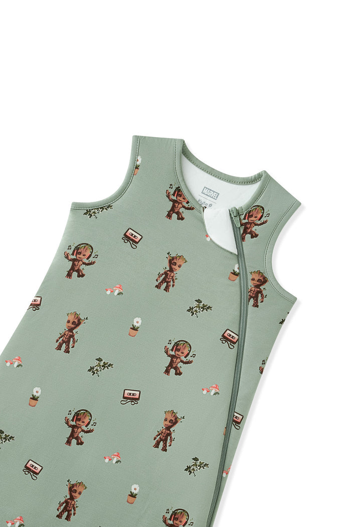 Top part of Green Sleep Bag in Groot print on white background