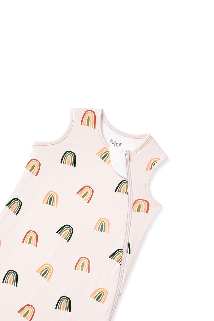 Vanilla cream Sleep Bag in Retro Rainbow print with zipper garage on a white background