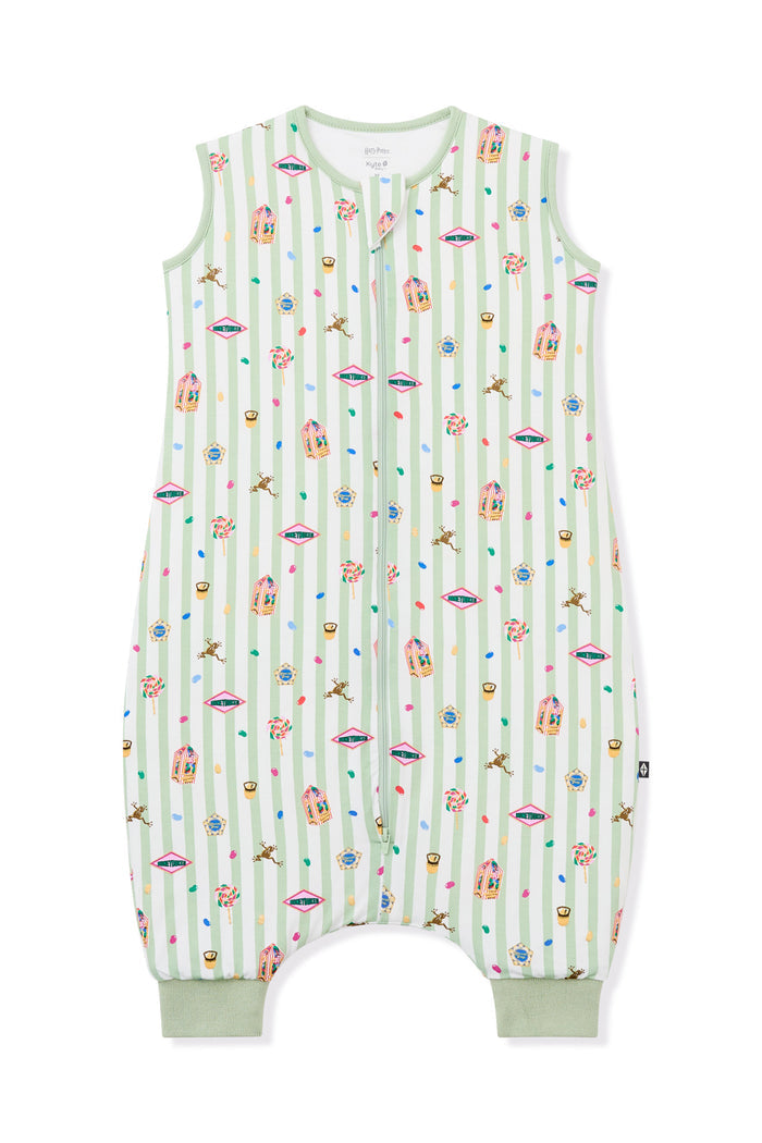 Green and white striped sleep bag walker with colorful Harry Potter pattern print on a white background