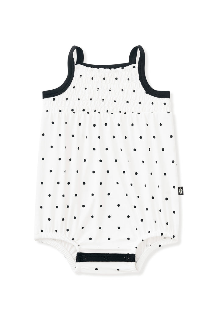 Smocked Bubble Romper in Midnight Polka Dot on white background