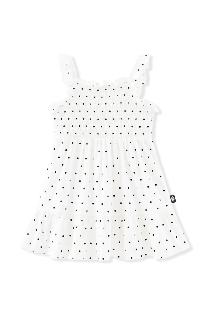 Smocked Dress in Midnight Polka Dot on white background