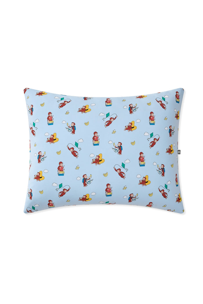 Blue Standard Pillowcase in Curious George print on a white background