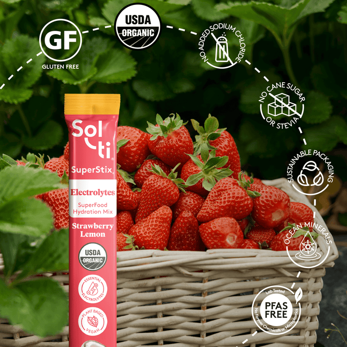Strawberry Sol-ti SuperStix; gluten-free, USDA organic, no added sodium or cane sugar, sustainably packaged, PFAS-Free
