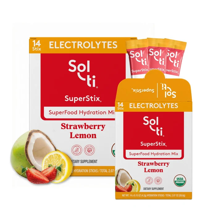 Sol-ti SuperStix Strawberry Lemon with boxes, stick packs, strawberries & lemon