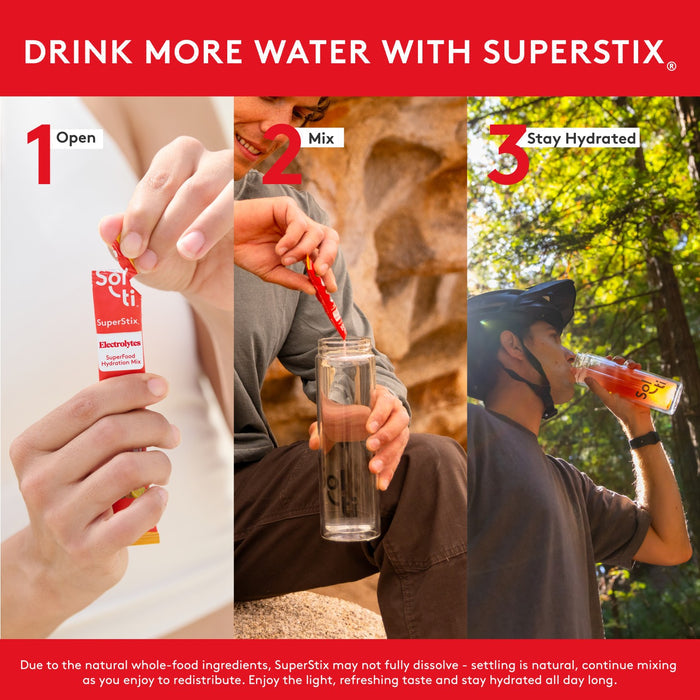 Sol-ti SuperStix Strawberry stick, three steps on red background: open, mix in bottle, and stay hydrated