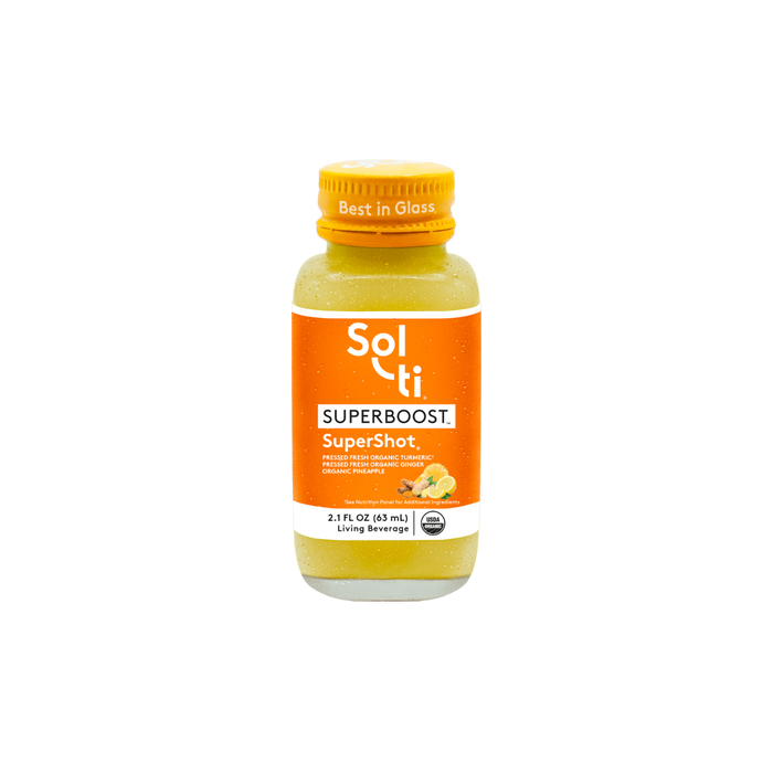 Sol-ti SUPERBOOST SuperShot Glass Bottle with a bright orange front label, in light background.