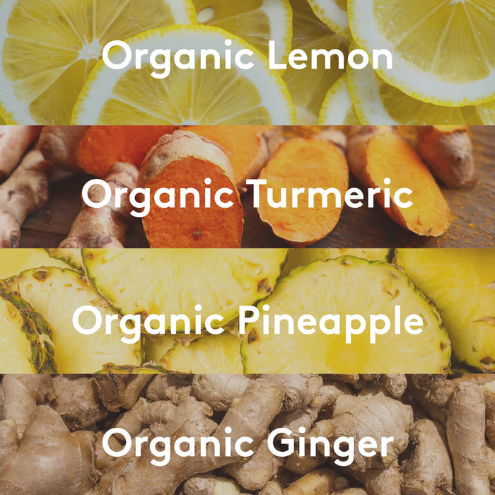An ingredient graphic listing organic lemon, turmeric, pineapple, and ginger