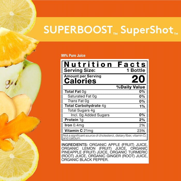 Orange background with SUPERBOOST SuperShot Nutrition Facts panel, details on product page
