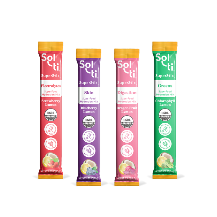Four Sol-ti SuperStix packets in Strawberry, Blueberry, Dragon Fruit & Chlorophyll