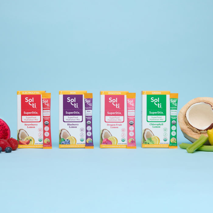Four flavors Sol-ti SuperStix hydration electrolyte boxes with young coconut, dragon fruit, strawberries, blueberries and celery