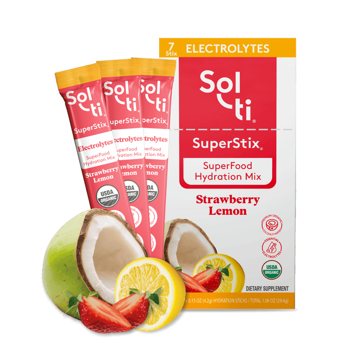 Sol-ti SuperStix Strawberry Lemon box  with a red front label in a light background.