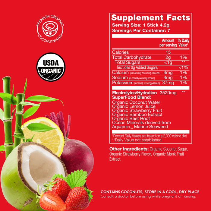 Red background with Sol-ti SuperStix Strawberry Lemon Nutrition Facts panel, details on product page