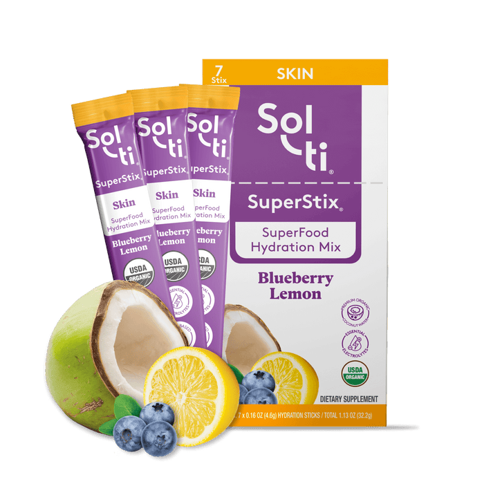 Sol-ti SuperStix Blueberry Lemon box with a purple front label in a light background