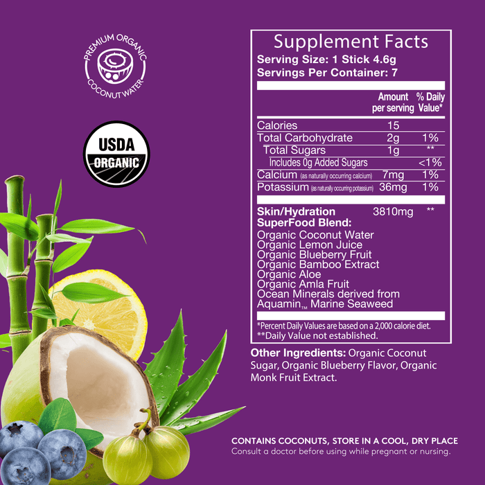Purple background with Sol-ti SuperStix Blueberry Lemon Nutrition Facts panel, details on product page