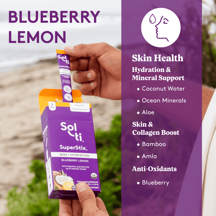 Sol-ti SuperStix Blueberry box, benefits: Hydration and mineral support, Skin and collagen boost and Anti-Oxidants