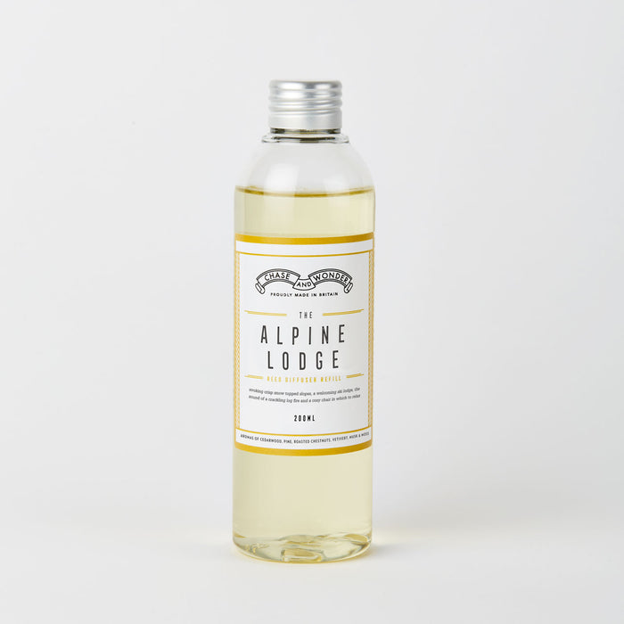 The Alpine Lodge Luxury Reed Diffuser Refill by Chase and Wonder, 200ml bottle of alcohol-free fragrance oil