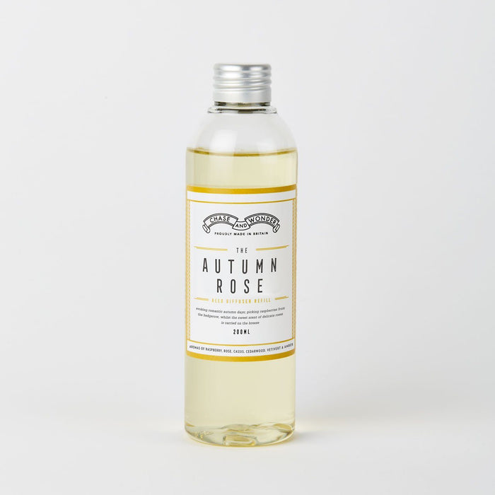 The Autumn Rose Luxury Reed Diffuser Refill by Chase and Wonder, 200ml bottle of alcohol-free fragrance oil