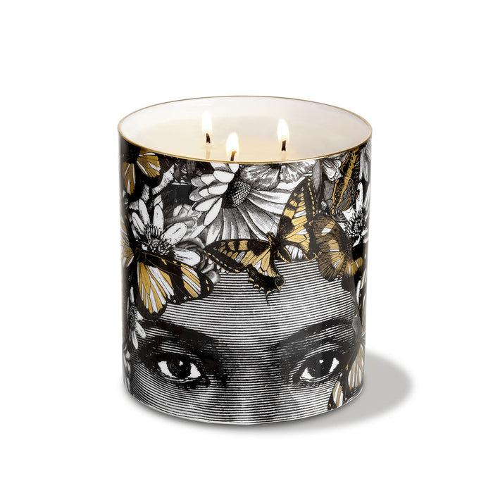 The Butterfly Lady 3 Wick Scented ceramic candle, close-up of the hand-decorated illustration and 22ct gold rim