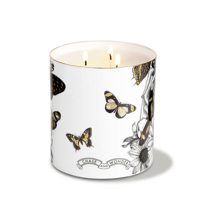 The Butterfly Lady 3 Wick Scented ceramic candle by Chase and Wonder, fine china with 22ct gold