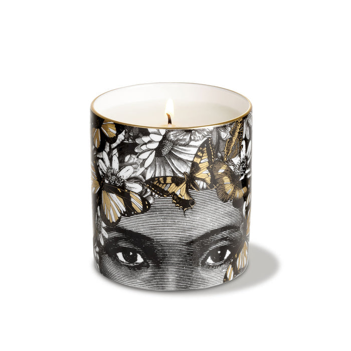 The Butterfly Lady ceramic candle, close-up of the hand-decorated illustration and 22ct gold rim